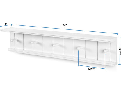 Greenco Entryway Wall Mounted Floating Shelf with Wooden Peg Style Hooks, Hat and Coat Hanging Storage Shelf, 24” – White