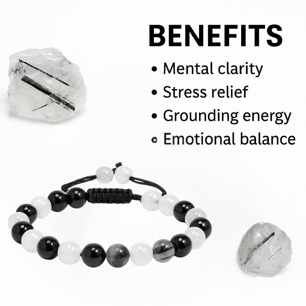 ANAYA AGATE Healing Crystal Bracelet – Chic Gemstone Bracelet for Men and Women – 8mm Round Bead Bracelets for Spiritual Healing, Protection, Positive Energy - Black Rutile