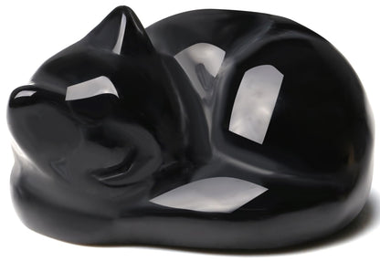 QINJIEJIE Black Obsidian Cat Decor Crystals and Healing Stones Figurine Sleeping Cats Stone Statue Gift Carved Gemstones Sculpture Office Home Desk Kitten Cute Cat Decor for Men Stocking Stuffers