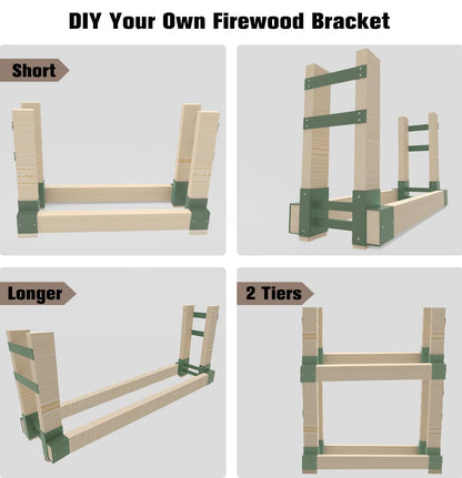 Fiwithy Outdoor Firewood Rack Bracket Kit with 4 Support Bars for Fire Wood Pile Storage, Heavy Duty DIY Fireplace Log Stacking Stand Holder for 2x4 lumber, Green, 1 Pair