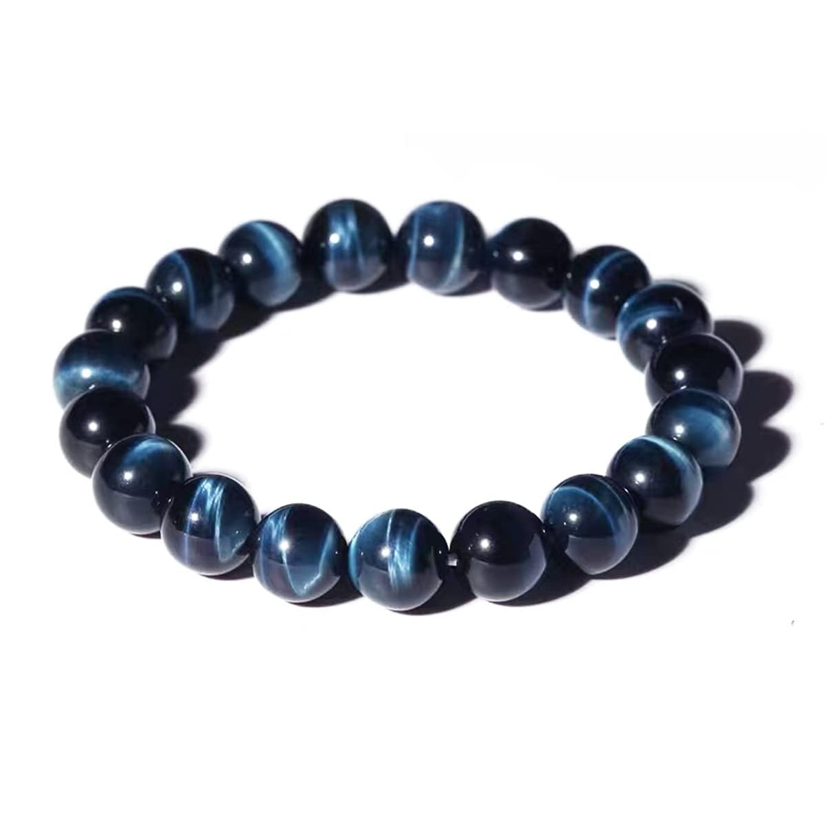 12MM Blue Tigers Eye Mens Bracelet | Fits for About 8" Large Strong Wrist | Throat Chakra Gems | Birthstone for June | Bring Inner Calm & Love & Fortune | Stones of Motivation & Willpower