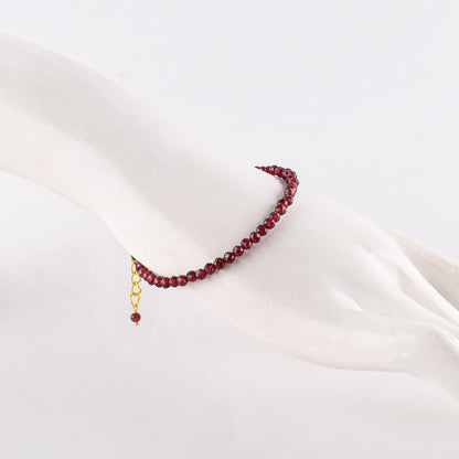 Natural Red Garnet Gemstone Micro Beads Dainty Bracelet Jewelry for Women, January Birthstone, Chakra Energy Crystals, 14k Gold Plated Chain 8 inch Adjustable
