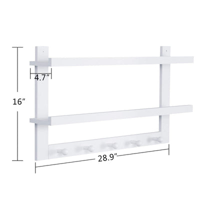WELLAND 2 Tiers Entryway Floating Wall Shelf Hanging Shelf 29" L, Wall-Mounted Coat Rack Shelf with 5 Hooks for Hallway, Bathroom, Living Room, Bedroom,White