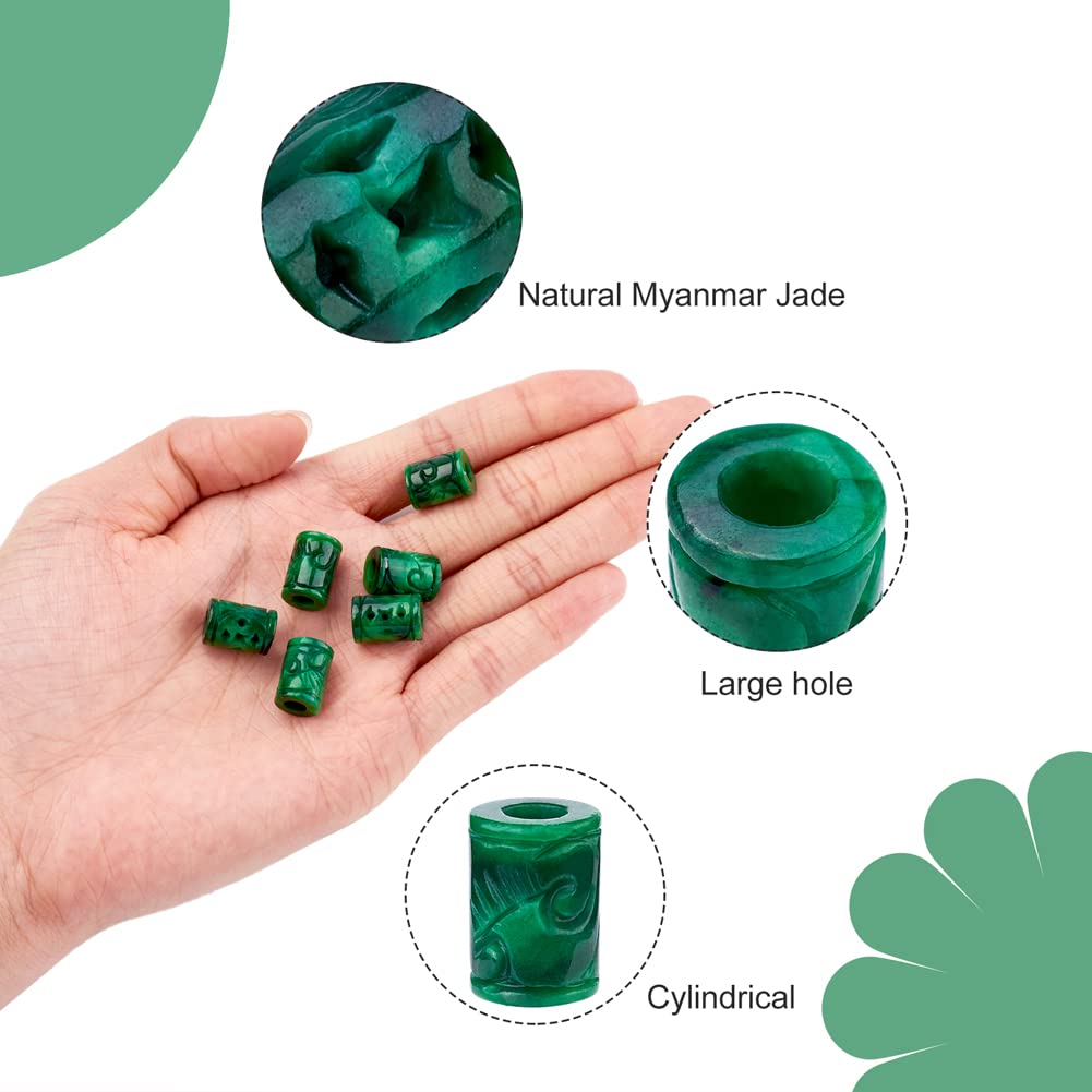 Fashewelry 10Pcs Natural Myanmar Jade Stone Large Hole Beads Engraving Carved Filigree Europeam Charm Beads Tube Column Shape Healing Chakra Gemstone Hollow Loose Spacers for Jewelry Making 5mm Hole
