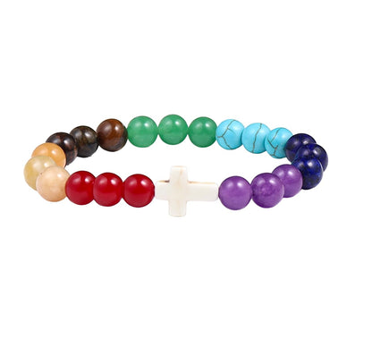Pingyongchang Christian Gifts for Women Men Cross Healing Crystal Bracelet Faith Easter Catholic Religious Bracelet Natural Stone Stretch Bracelets Stress Relief Anxiety Yoga Bracelet (Seven Chakra)