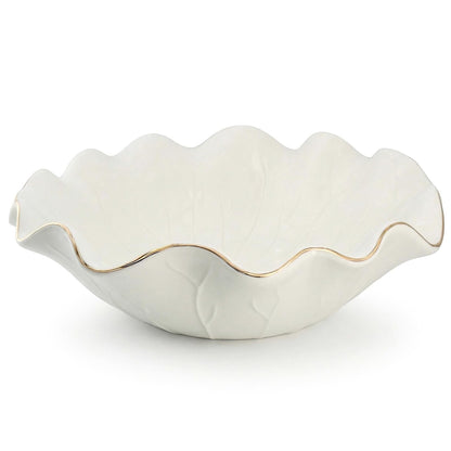 Afadorable 10 Inch White Shallow Handmade Ceramic Lotus Leaf Bowl with Gold Rim, Large Decorative Fruit Bowl for Kitchen Counter, Coffee Table Decor, Dining Table Centerpiece & Entryway Key Bowl