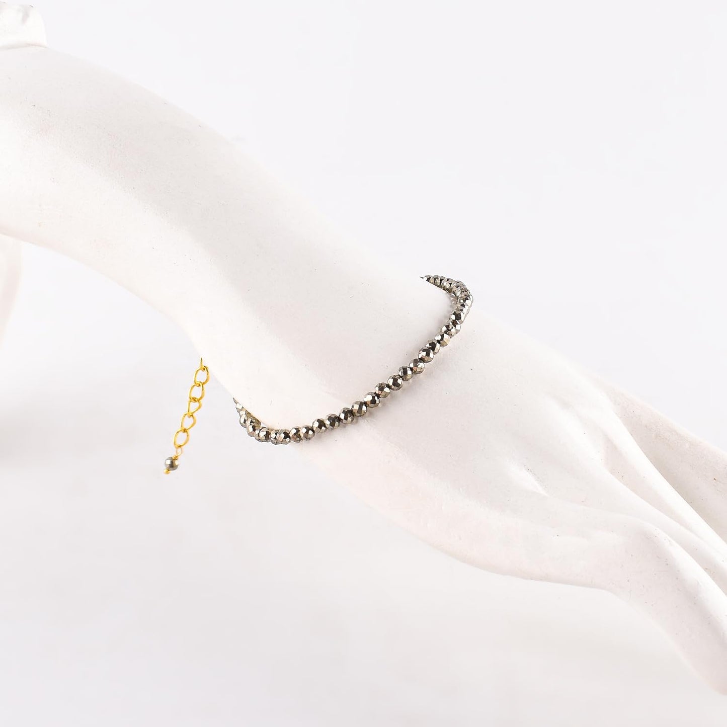 Natural Golden Pyrite Gemstone Micro Beads Dainty Bracelet Jewelry for Women, Birthstone, Chakra Energy Crystals, 14k Gold Plated Chain 8 inch Adjustable
