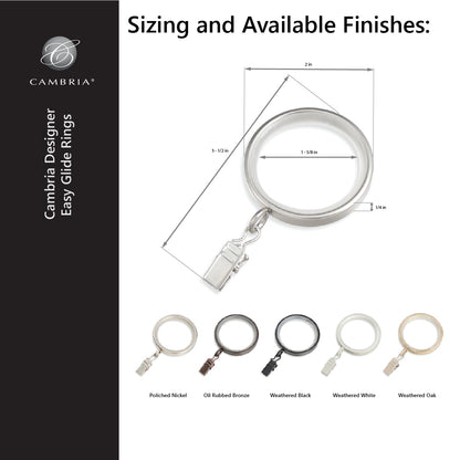 MODE Cambria Designer Series - Premium Easy Glide 18 Count Curtain Rings - Metal with Smooth, Quiet Nylon Inserts with Clips - 2 inch Diameter (1-5/8 inch Inside Diameter) - Weathered White