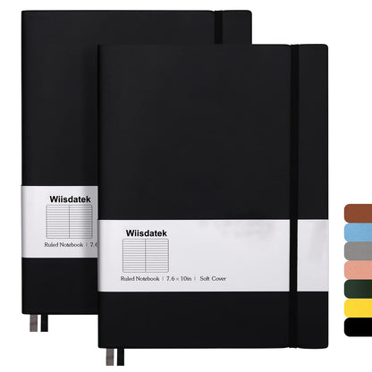 Wiisdatek B5 College Ruled Notebooks - 2 Pack B5 Large Journal Notebooks with 376 Numbered Pages,100gsm Thick Lined Paper,Soft PU Leather Cover,7.6 X 10 inch(BLACK)