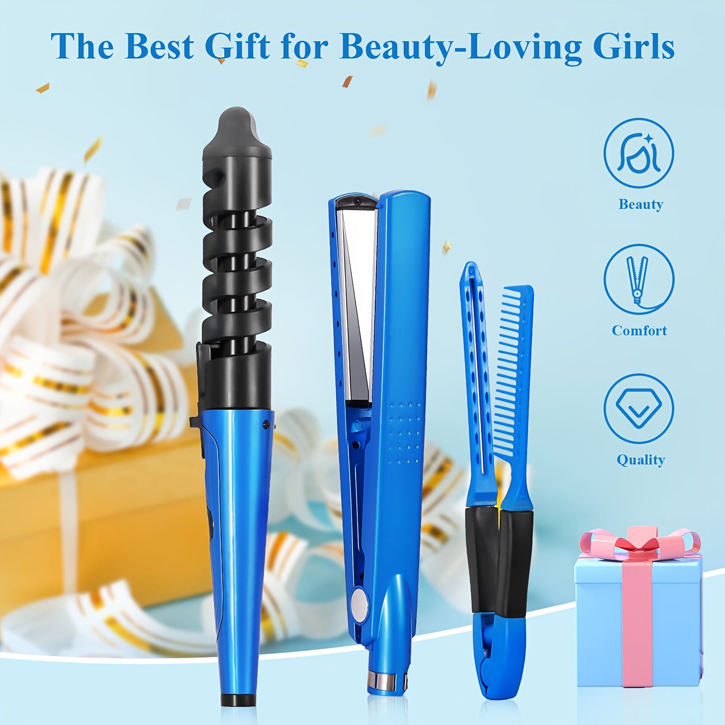 3pcs/1pc Professional Hair Styling Kit, Hair Straightener, Curling Iron with Flat Iron, V-Shaped Hair Brush for Salon, Travel, Home Use, Delicate And Lightweight for All Hair Types, Hair Tools, Holiday Gifts