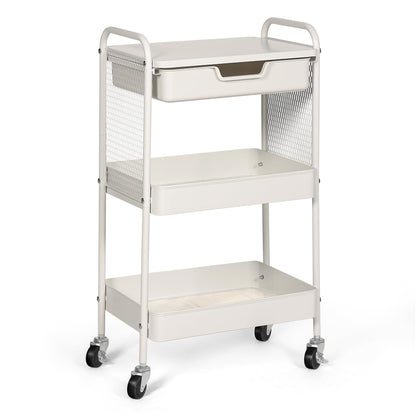 CRUDATE 3-Tier Rolling Cart with Drawer, Metal Utility Storage Cart Organizer with Lockable Wheels&Hanging Cups&Hooks, Mobile Storage Craft Carts Trolley with Mesh Shelves for Kitchen, Office-White