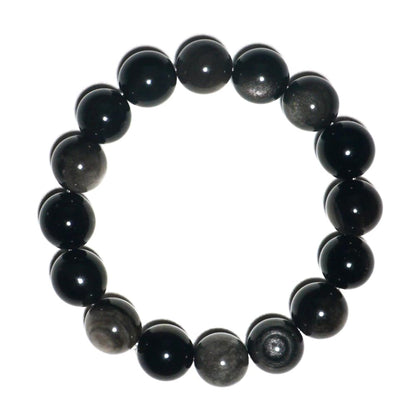 TaHLga 12mm Silver Obsidian Crystal Bracelet for Men Women | Natural Root & Third Eye Chakra Stone | Protection & Intuition | Fits for Large Wrist 8-8.5" | Come with Box & Pouch