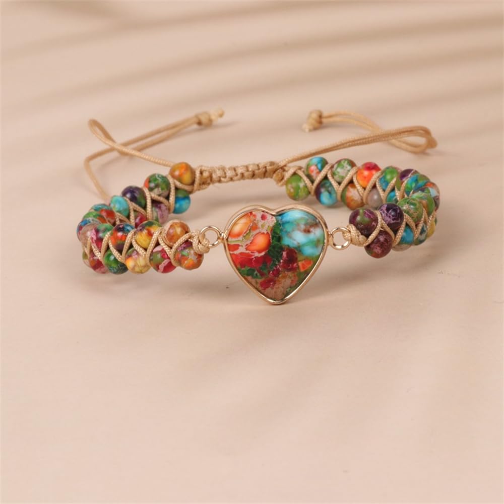 7 Chakra Healing Natural Stone Heart Wrap Bracelet for Women Colorful Emperor Beaded Health Balance Love Heart Friendship Boho Strands Bracelets Handmade Genuine Leather Trendy Jewelry Bff Gifts (Colorful)