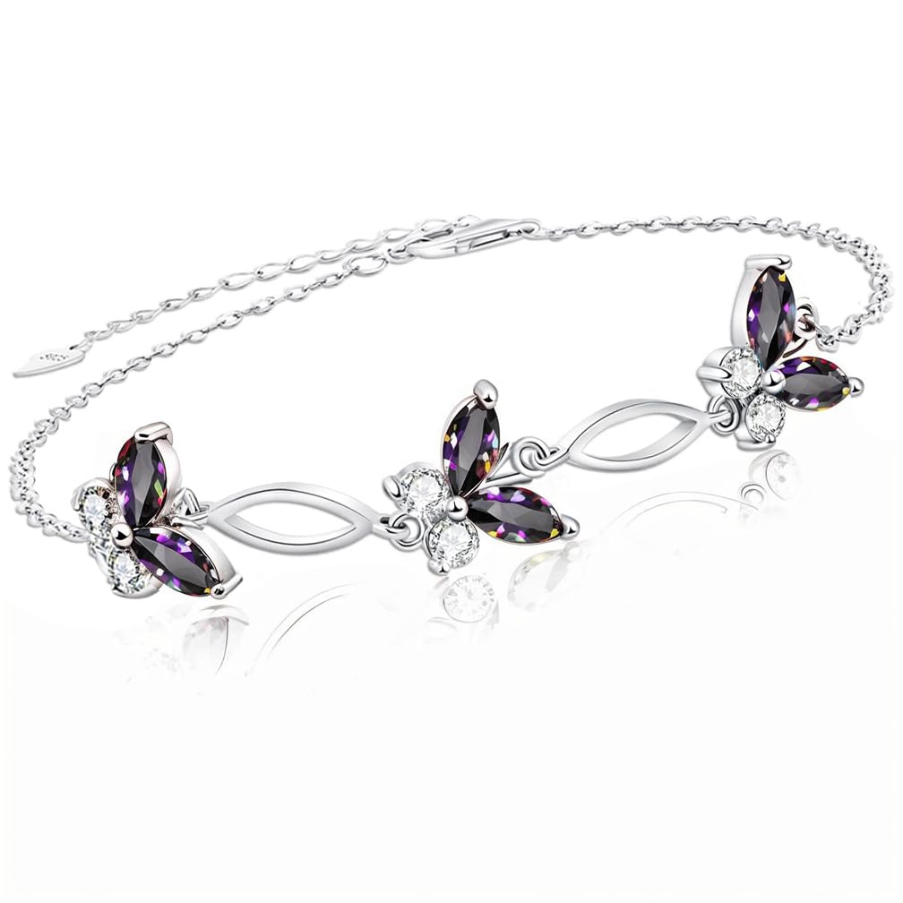 Gifts for Birthday,Holiday,Anniversary,Butterflies Bracelet Sterling Silver Jewelry Adjustable and Charming Link Bracelet for Women Ideal Gifts for Women(Colorful)