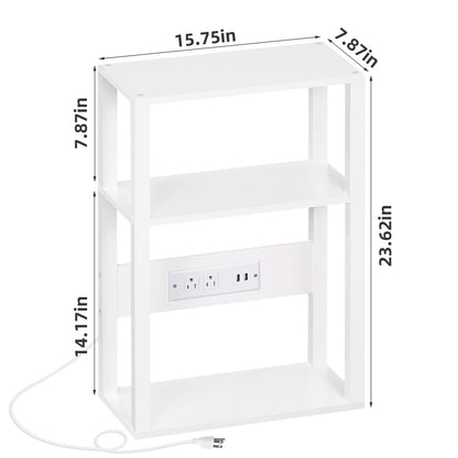 YUFAM 3-Tier Small Narrow Wood Side Table with Charging Station, Skinny Nightstand for Small Space, Slim Bedside Table with Storage for Couch, Thin End Table with USB Ports and Outlets, White