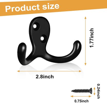 CBWLWJ 10 Pack Coat Hooks Wall Hooks for Hanging, Heavy Duty Double Prong Metal Hook Wall Mounted for Living Room, Bathroom, Kitchen, Bedroom for Coat, Bag, Scarf, Towel, Hat, Key, Cup (Black)