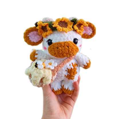 Handmade Sunflower Cow Plush – Soft Crochet Cow Stuffed Animal, Kawaii Plushie, Cuddly Cow Toy, Nursery Decor & Unique Handmade Gift