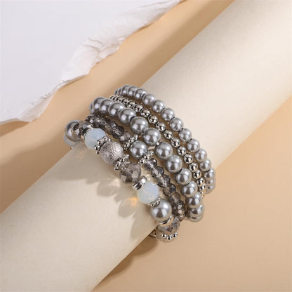 Sither Beaded Pearls Bracelets Pack for Women Boho Laryed Stretch Bracelet Jewelry Set for Halloween Christmas Gift (silver)
