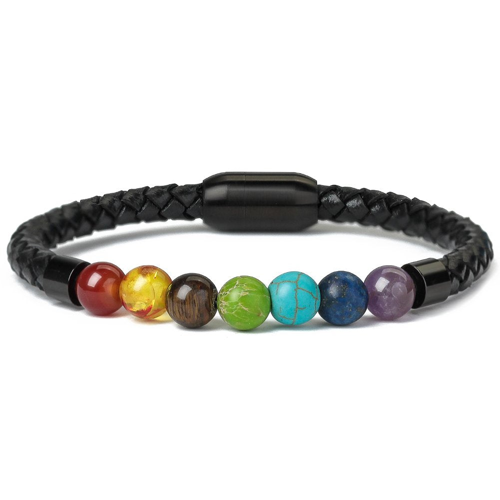 Ckysee 7 Chakra Real Stone Healing Bracelet Genuine Leather Braided with Magnetic Clasp Mens Best Gift Jewelry 8.5"