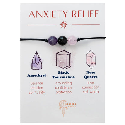 BOHO GARDEN Healing Crystal Bracelet for Anxiety - 3 Real Natural Gem Stones - Adjustable, Beaded Bracelets for Men, Women, Teens - 8mm Bead