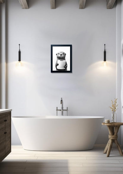 Bathroom Picture Wall Decor, Framed Black and White Bathroom Wall Art, Toilet Paper in Little Funny Raccoon's Hand Animal Canvas Print Painting