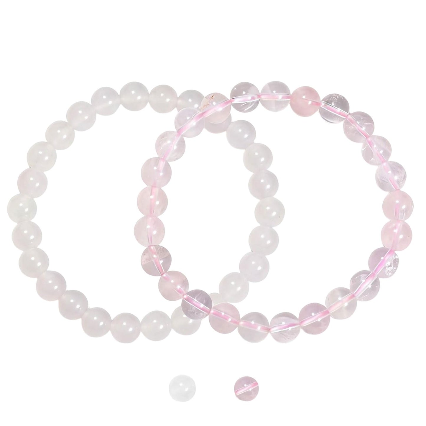 Aluckiss 8mm 2PCS Agate Bracelet for Women Men Natural Round Beaded Agates Stone Healing Stretch Bracelets Elastic Handmade Polished Gemstone Beads Bracelet White+Pink Quartz 2 Colors