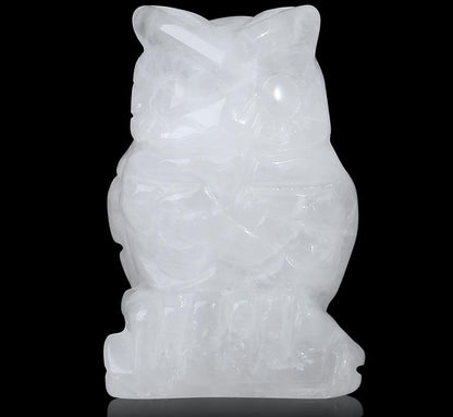 YATOJUZI 2” Owl Decors Natural Clear Quartz Crystals Stones White Cute Decor Polished Hand-Carved Sculpture Statue Figurines Gemstone Home Office Desk Decoration Reiki Energy Gifts