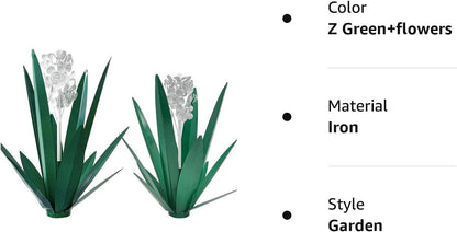 LCJECV Metal Agave Plant Garden Art, 2 Pack Tequila Rustic Sculpture, Rustic Metal Agave Plants for Yard Stakes, Garden Figurines, Outdoor Patio (2 PCS White Flowers)