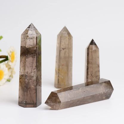 WUYOUSHI 1PCS Smoky Quartz Natural Crystal Towers2.75-3.54" Healing Crystal Wand 6 Faceted Chakra Reiki Meditation Therapy