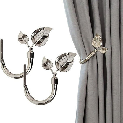 Rbeusau Leaf Shaped Heavy Duty Curtain Holdbacks, Traditional Style Handmade Metal Curtain Tiebacks for Wall, Set of 2 Window Curtain Tieback Hooks for Drapes Window Home Decoration (Nickel)