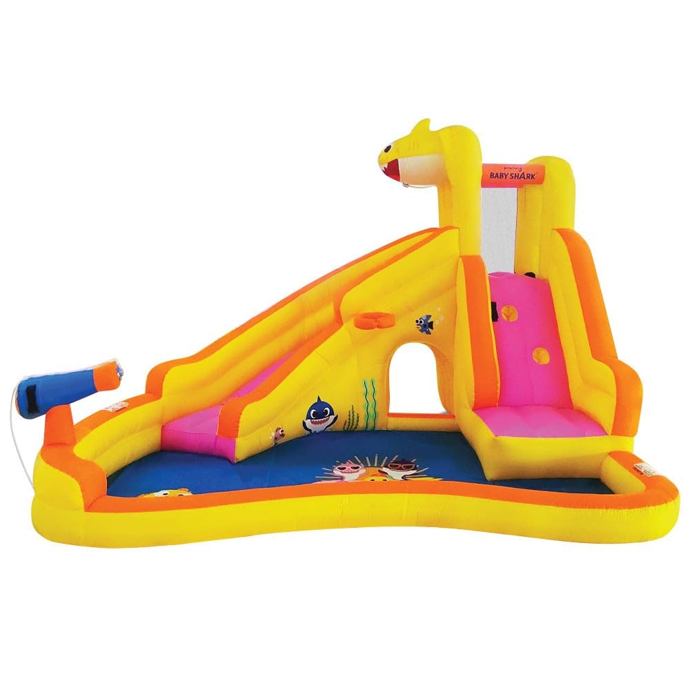 Funormous Baby Shark Bounce House with Slide Wet or Dry, Pink Fong Inflatable Water Slide, Party Outdoor Curve Waterslide Fun, Kids Backyard Water Park, Includes Water Sprayer, Pool & Blower