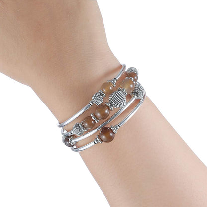 PEARL&CLUB Beaded Chakra Bangle Turquoise Bracelet - Fashion Jewelry Wrap Bracelet with Thick Silver Metal and Mala Beads, Birthday Gifts For Women(Brown)