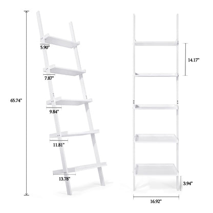 HYNAWIN Ladder Shelf 5-Tier Bookshelf – Storage Rack Shelves Wall Leaning Shelf,White Freestanding Plant Flower Stand, Corner Display Bookcase