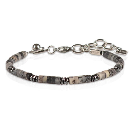 Casvia Men's Hematite & Black Grid Stone Beaded Bracelet, Adjustable Stainless Steel, Thickened Steel Wire Handmade Original Rugged Jewelry, Birthday Gift for Dad & Boyfriend