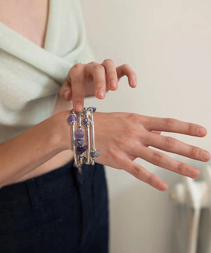 FULU AUTUMN Stone Silver Bangle Wrap Bracelet Boho Turquoise Crystal Chips Bead Bracelets Fashion Jewelry Birthday Gifts for Women(19-Purple)