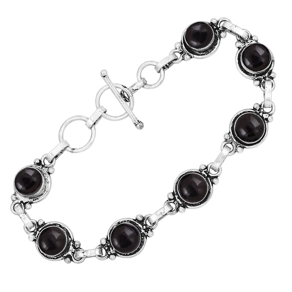 Natural Black Onyx 925 Silver Plated Adjustable Bracelet for Women - July Birthstone Round Gemstone Handmade Bohemian Link Bracelet - Wedding Christmas Valentine Day Gifts for Her
