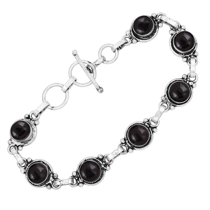 Natural Black Onyx 925 Silver Plated Adjustable Bracelet for Women - July Birthstone Round Gemstone Handmade Bohemian Link Bracelet - Wedding Christmas Valentine Day Gifts for Her