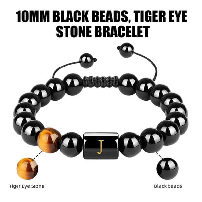 Handmade Initials Bracelets for Men Letter Link Natural Tiger Eye Black Onyx Beads Father's Day Birthday Gifts for Men Braided Rope, Meaningful Bracelet Custom Gifts for Him, Husband, Father, Boyfriend, Son( Letter Q, 26 Letters)