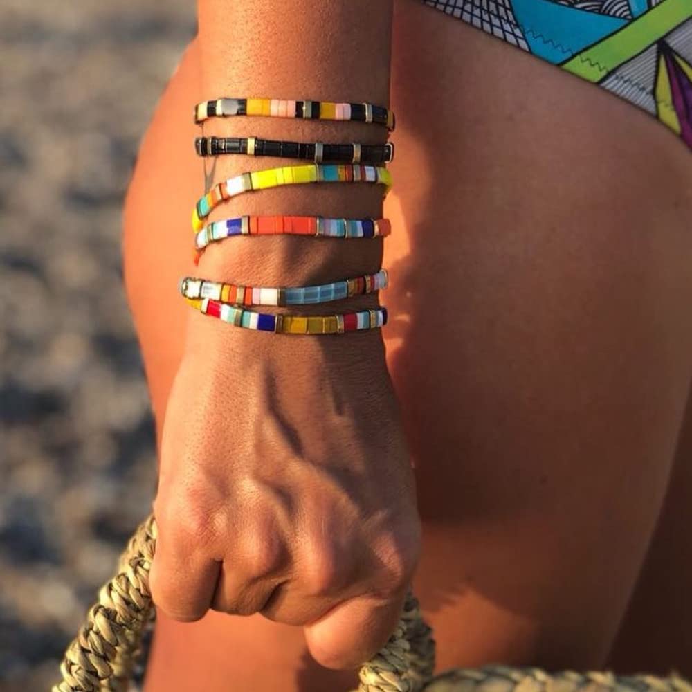 Sonateomber Tila Flat Beaded Stretch Strand Bracelets for Women - Trendy Unique Friendship Handmade Colorful Square Seed Beads Beach Link Bracelet Stackable Jewelry Friend Gifts