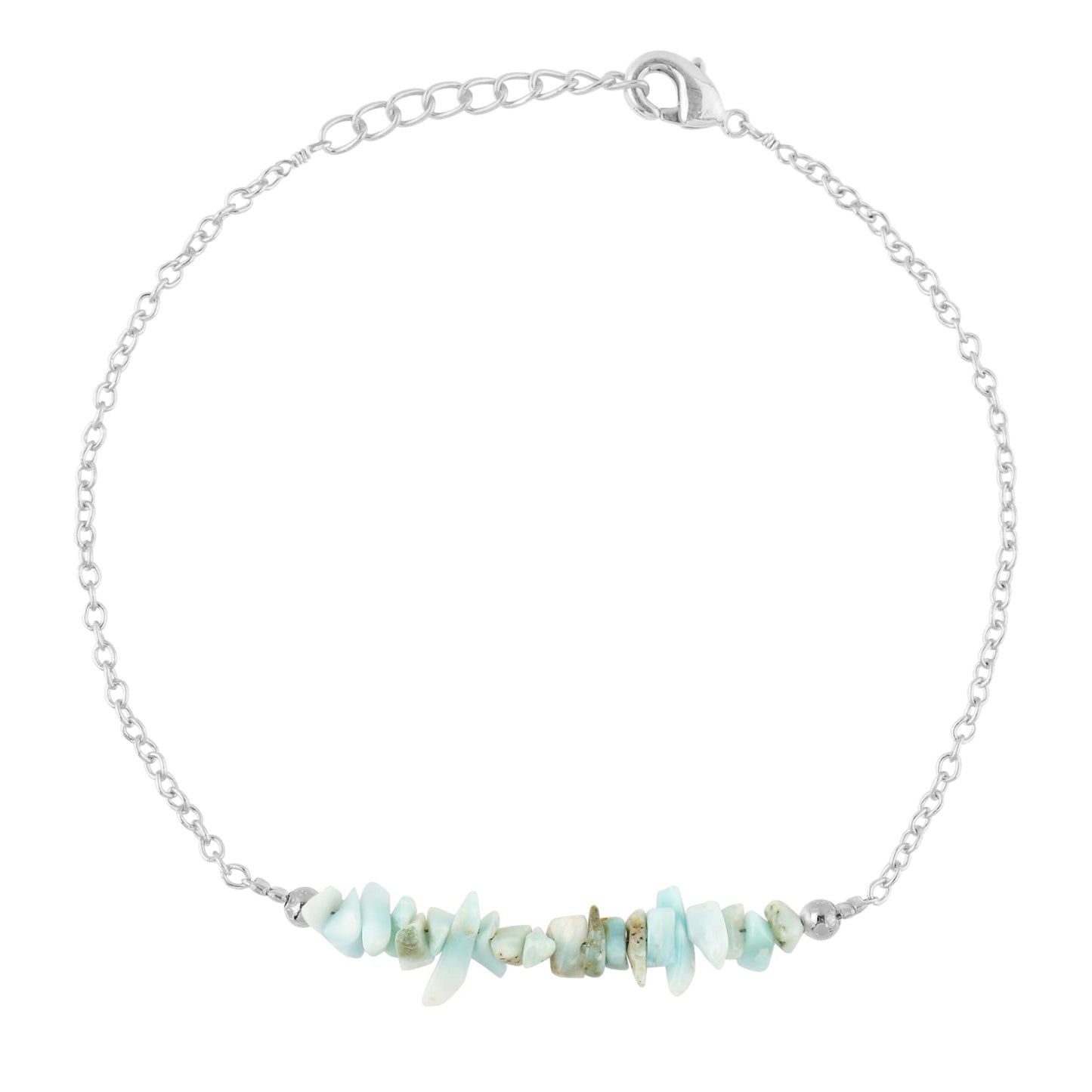 Gemimpression Handmade Larimar Chips Bar Bracelet – Natural Energy Healing Crystals – Silver Plated Adjustable 8 Inch Chain – Christmas Gift