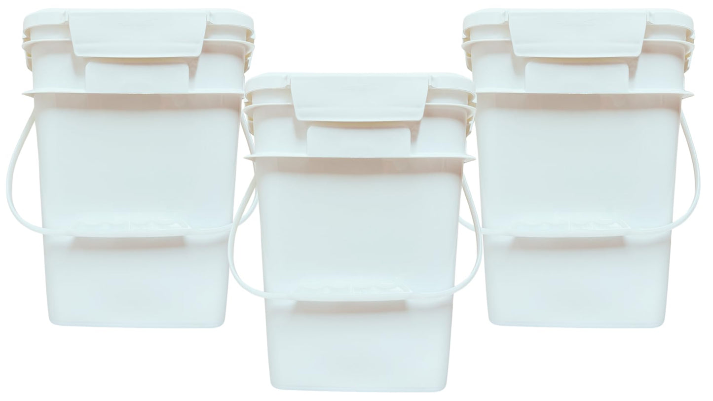 House Naturals 4 Gallon Square Food Grade Bucket Pail with Plastic Handles and Lid (Pack of 3) Made in USA containers (White)