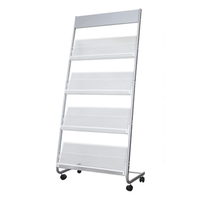 Vmsiuory 4-Layer Iron Magazine Rack with Wheels, Newspaper Rack, Display Rack, Silver (63)