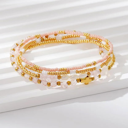 Bohxantium Gold Pearl Crystal Cross Bracelet for Women 14K Gold Plated Beads Pearl Pink Crystal Beaded Bracelet Stack Stretch Stackable Non Tarnish Trendy Jewelry Friendship Christian Gift for Women