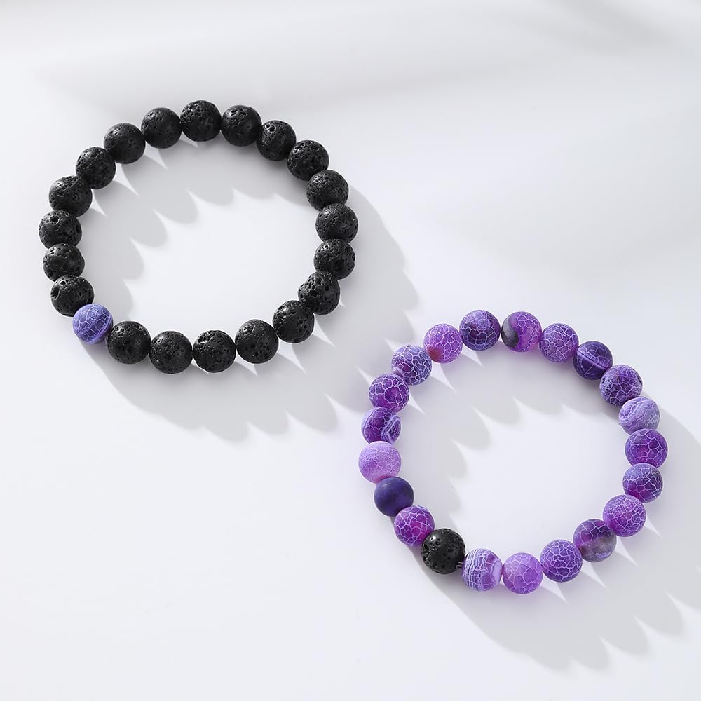 FORUBUS 2Pcs Lava Rock Beaded Bracelet Set – Essential Oil Diffuser Jewelry with Natural Stone Beads for Aromatherapy, Yoga, Meditation, and Stress Relief, Stretchy Bracelets for Women Men (purple)