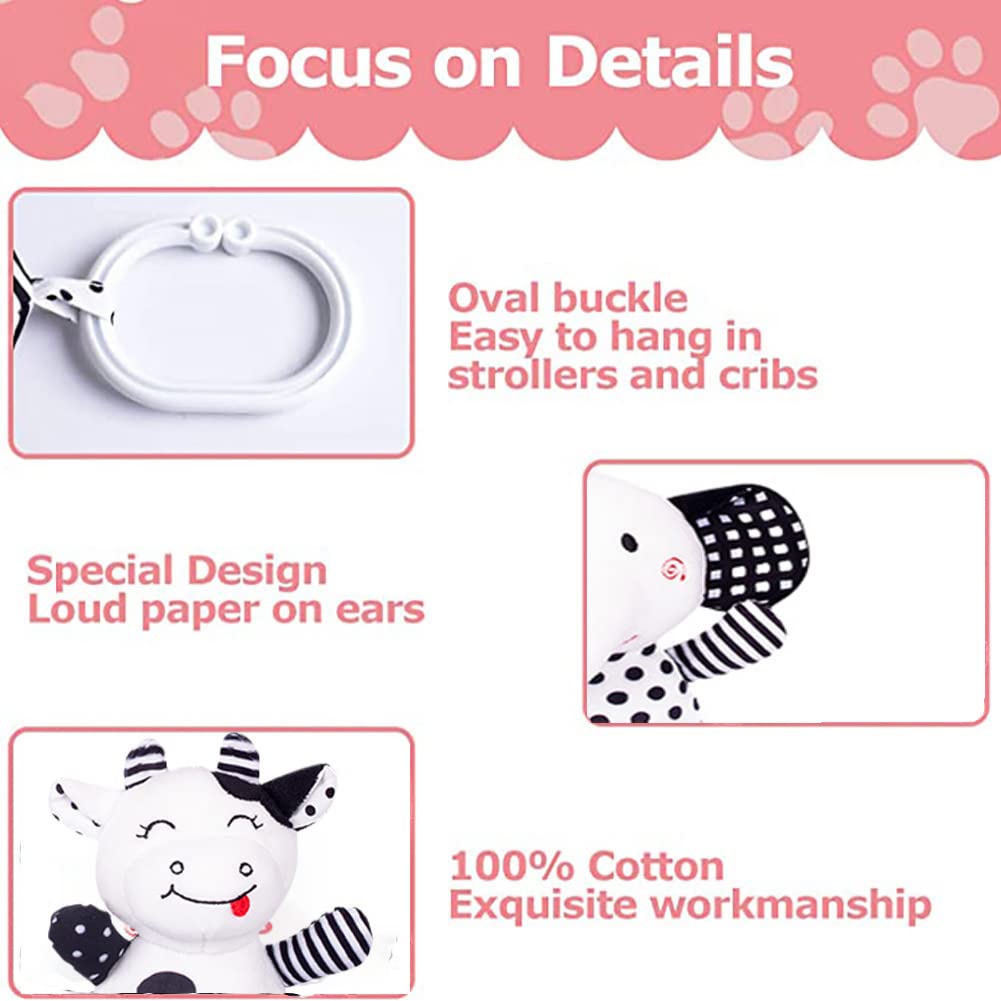 SHXERO Baby Car Seat Toys, Black White Stroller Toy Stretch Baby Spiral Plush Toys, Hanging Rattle Toys for Crib Mobile, Newborn Sensory Toy Best Gift for 0 3 6 9 12 Months (Calf/Panda)