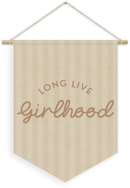 XYDEG Girl Nursery Decor, Long Live Girlhood Linen Canvas Banner, Neutral Striped Wall Hanging Pennant Flag Banner for Girl Nursery Toddler Kids Room Bedroom Dorm Playroom Decor, 15x11in