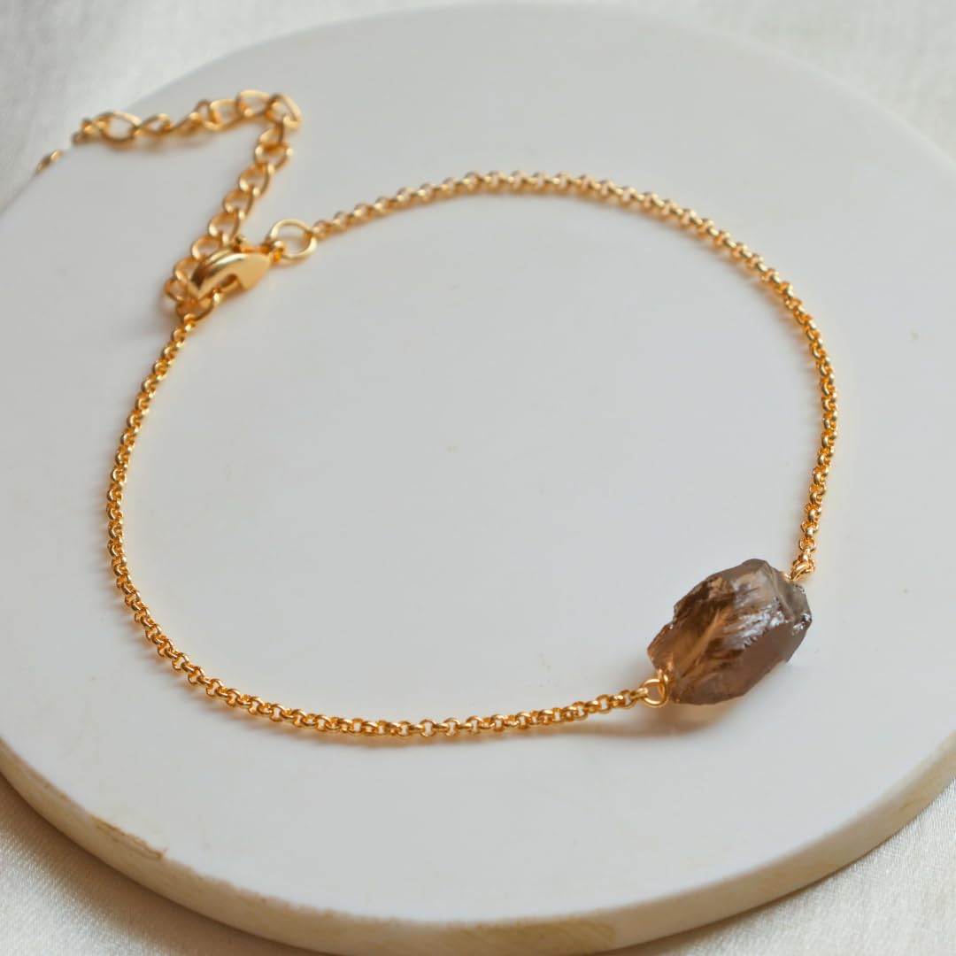 Gempires Raw Smoky Quartz Gemstone Bracelet for Women | Handmade 14K Gold Plated Natural Crystal Jewelry | Hypoallergenic Minimal Dainty Birthstone Bracelet Gift