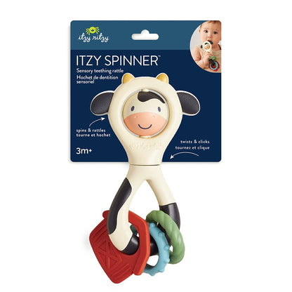 Itzy Ritzy Spinner Rattle Toy – Cow Design Sensory Teething Rattle Includes Spinning Face, Clicks, Rattles & Textured Teethers – Designed for Ages 3 Months and Up (Cow)
