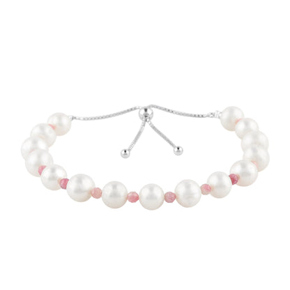 CRYSTALIS Natural Pink-Tourmaline And Freshwater Pearl Beaded Bracelet, Elegant Beads Crystal, Chakra Bracelet, Healing Bracelet, Gemstone Jewelry, 925 Sterling Silver Slider 10 inch