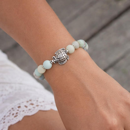 Sea Turtle and Heart Charm Bracelet with Amazonite Stones, Valentines Gifts for Women